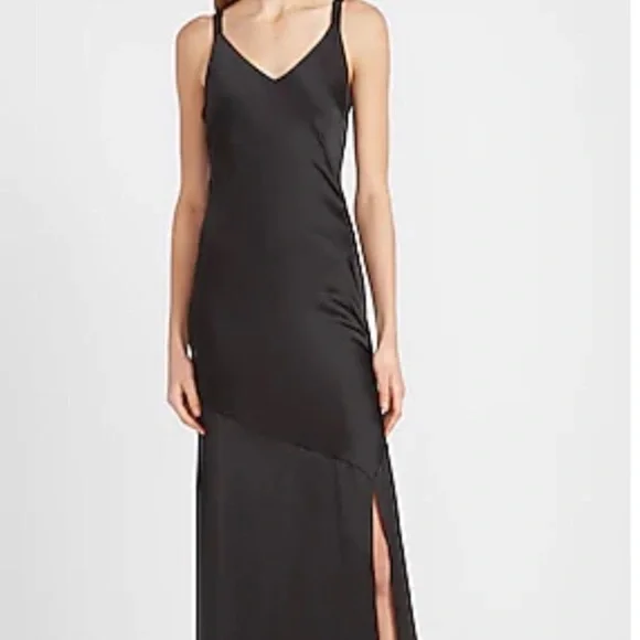Express | Dresses | Express Satin Vneck Midi Slip Dress In Black | Poshmark